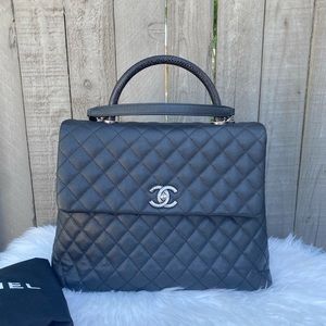 ⭐️CoCo!!!⭐️CHANEL Large Black Caviar Quilted Leather Lizard Coco Handle Flap Bag